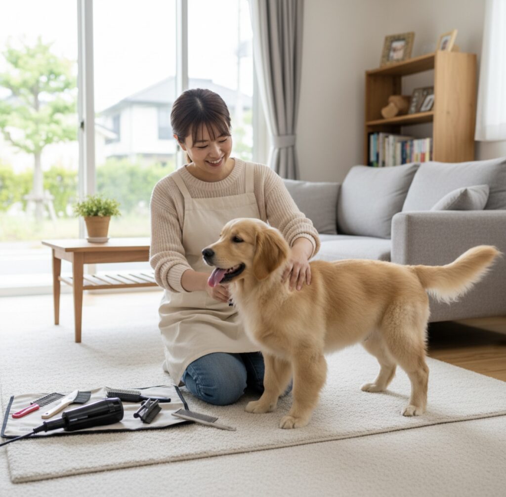 自宅でリラックスする犬とトリマー